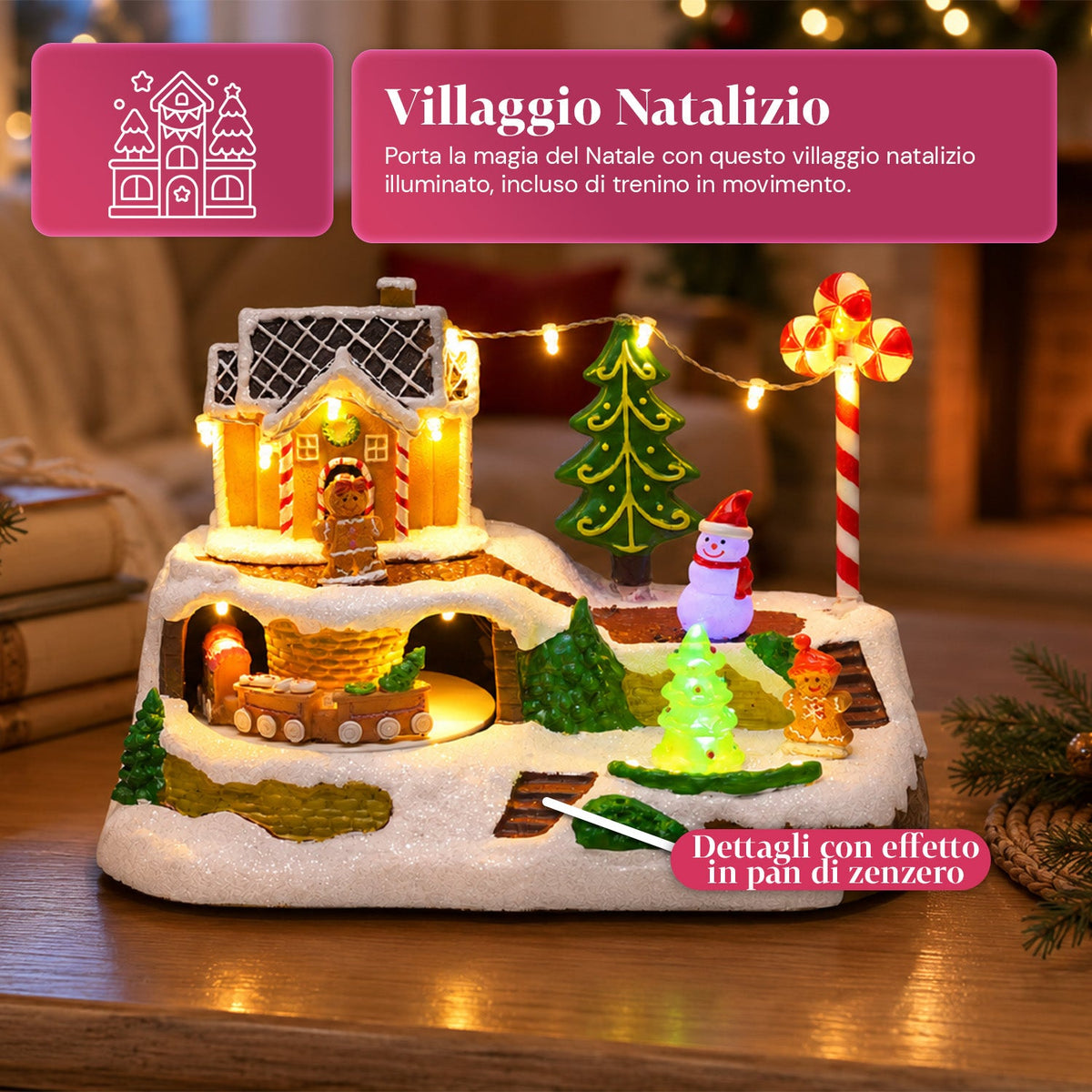 Villaggio Natalizio Luminoso Candy Town con Trenino in Movimento e 8 Melodie, Casetta Pan di Zenzero LED, Decorazione Natalizia 23,5 cm