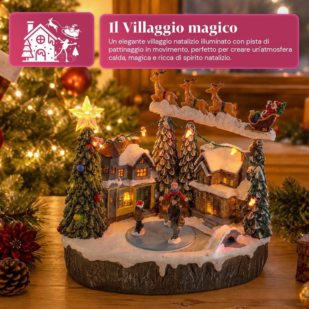 Villaggio Natalizio Luminoso Snowtime con Pista di Pattinaggio Animata, Luci LED e Musica, Slitta di Babbo Natale, Poliresina 21,5x15,8x22,5 cm