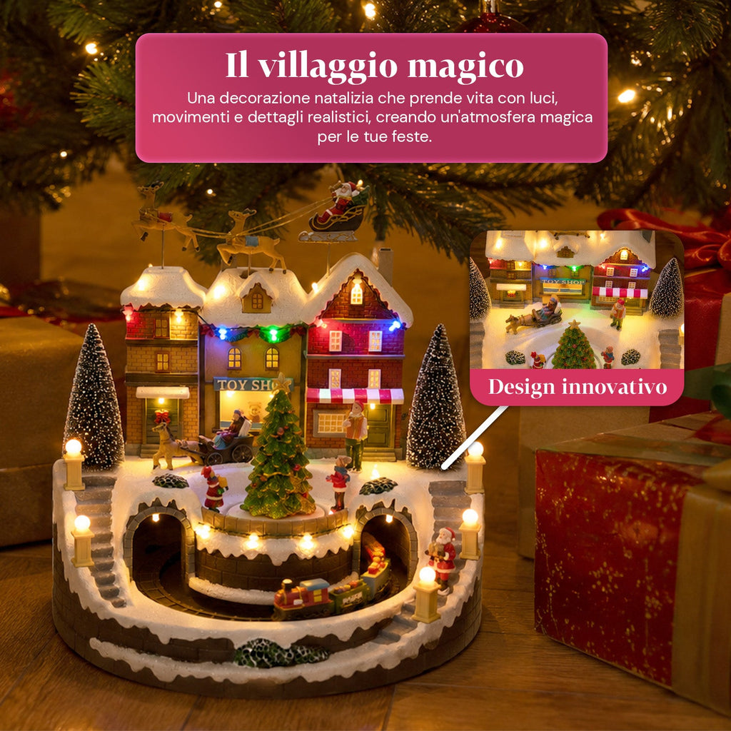 Villaggio Natalizio Luminoso Xmas Town a Batteria con Luci LED, Musica, Albero Rotante, Trenino in Movimento e Slitta di Babbo Natale, 27x25x34 cm