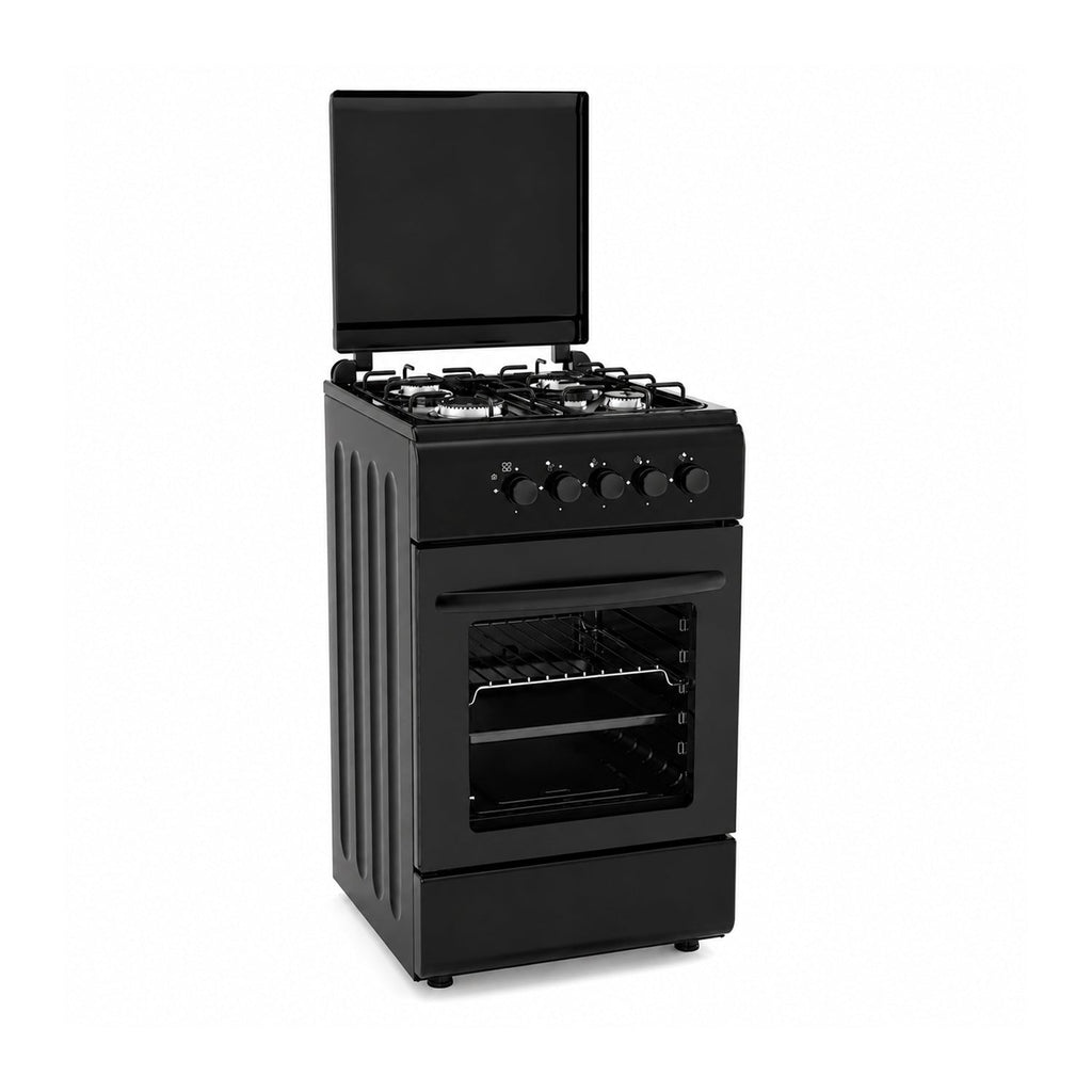 Cucina a Gas 50x50 cm con Forno a Gas 49 Litri, 4 Fuochi di Diversa Potenza, Valvole di Sicurezza e Coperchio