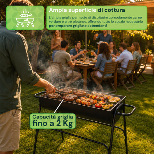 Barbecue a carbone e legna in acciaio con gambe alte, braciere 74x38 cm e griglia 70x34 cm ad ampia superficie di cottura