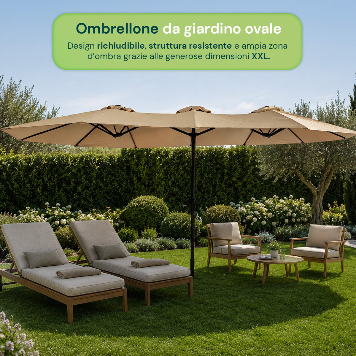 Ombrellone da Giardino Ovale XXL 460x270 in Acciaio al Carbonio e Telo in Poliestere - Altezza 2,45m (Base NON Inclusa)