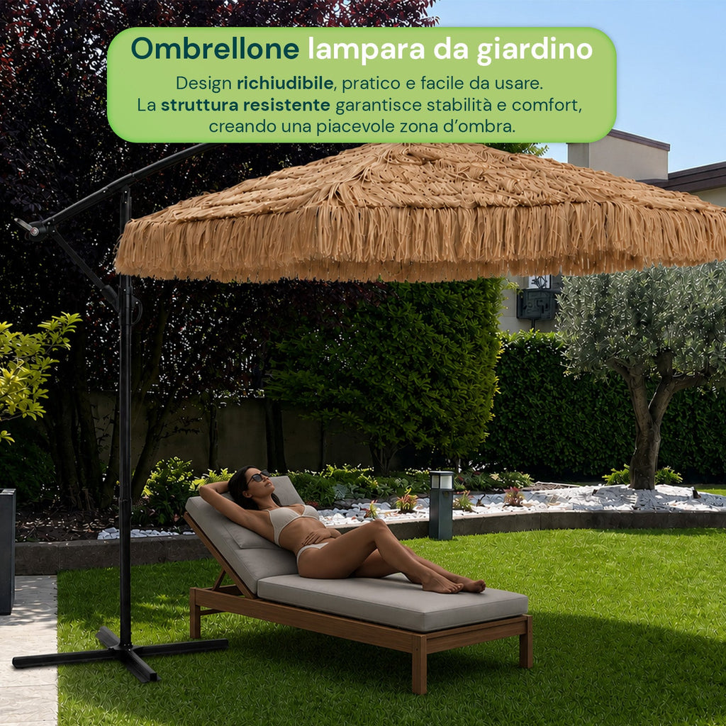 Ombrellone Lampara da Giardino Effetto Rafia – Altezza 2,75m con Struttura in Acciaio al Carbonio con Manovella e Sostegno a Croce