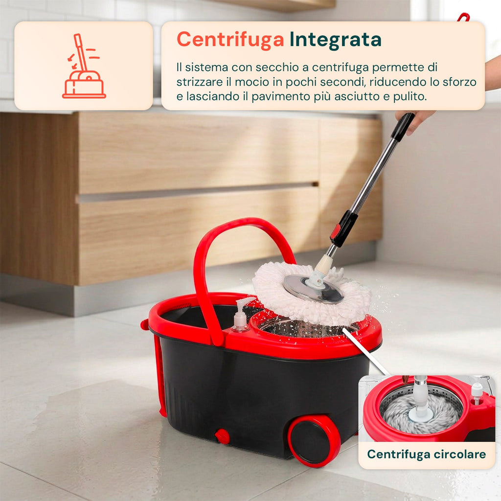 Kit Mocio Rotante 360° con Secchio 14L - 46x27x22cm e Centrifuga in Acciaio – Include 2 Testine in Microfibra, Dosatore Sapone e Asta Telescopica – Set Lavapavimenti Universale con Ruote e Scarico