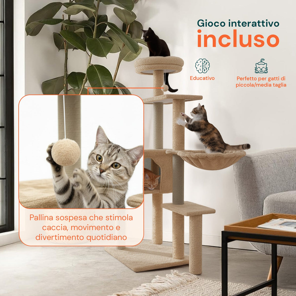 Tiragraffi per gatti 120 cm con cuccia e amaca multilivello