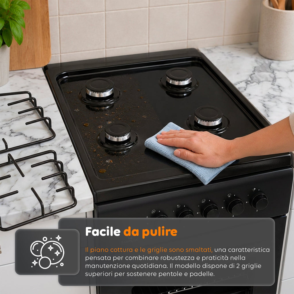 Cucina a Gas 50x50 cm con Forno a Gas 49 Litri, 4 Fuochi di Diversa Potenza, Valvole di Sicurezza e Coperchio