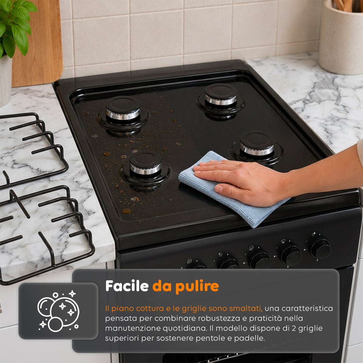 Cucina a Gas 50x50 cm con Forno a Gas 49 Litri, 4 Fuochi di Diversa Potenza, Valvole di Sicurezza e Coperchio