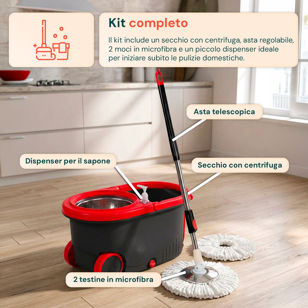 Kit Mocio Rotante 360° con Secchio 14L - 46x27x22cm e Centrifuga in Acciaio – Include 2 Testine in Microfibra, Dosatore Sapone e Asta Telescopica – Set Lavapavimenti Universale con Ruote e Scarico