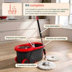 Kit Mocio Rotante 360° con Secchio 14L - 46x27x22cm e Centrifuga in Acciaio – Include 2 Testine in Microfibra, Dosatore Sapone e Asta Telescopica – Set Lavapavimenti Universale con Ruote e Scarico