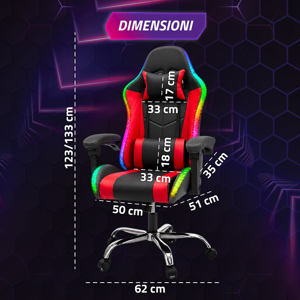 Sedia Gaming Ergonomica con Luci RGB e Cuscino Lombare Massaggiante, Poltrona Ufficio Reclinabile con Telecomando