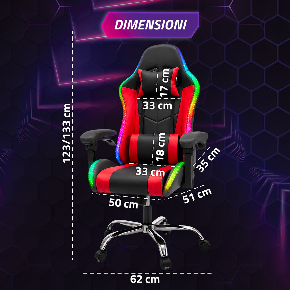 Sedia Gaming Ergonomica con Luci RGB e Cuscino Lombare Massaggiante, Poltrona Ufficio Reclinabile con Telecomando