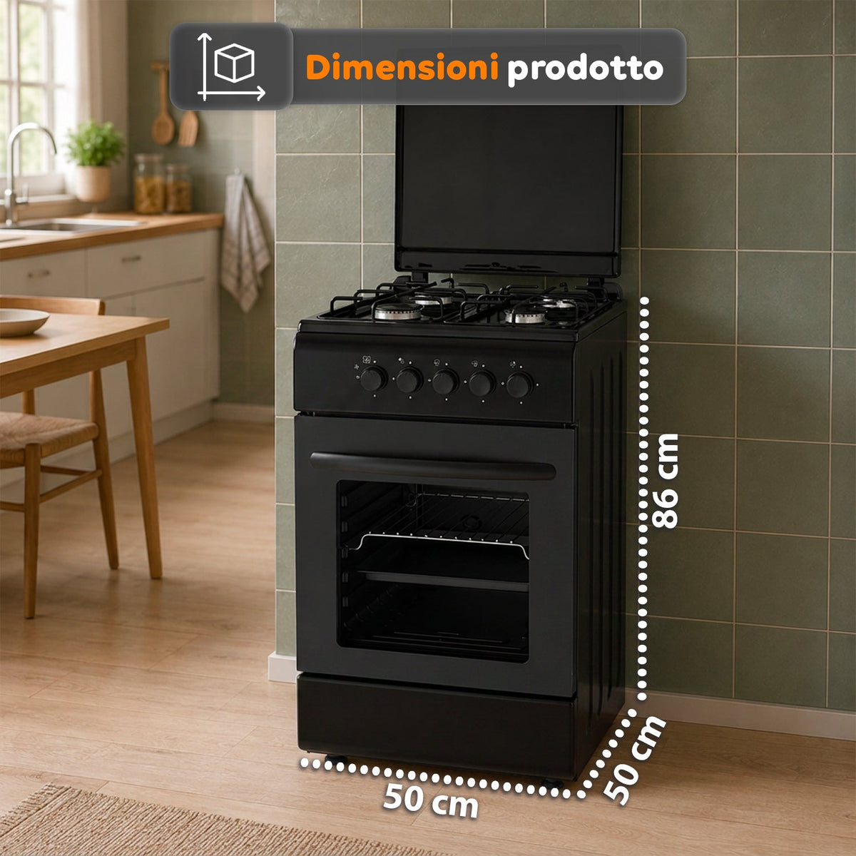 Cucina a Gas 50x50 cm con Forno a Gas 49 Litri, 4 Fuochi di Diversa Potenza, Valvole di Sicurezza e Coperchio