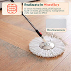 Kit Mocio Rotante 360° con Secchio 14L - 46x27x22cm e Centrifuga in Acciaio – Include 2 Testine in Microfibra, Dosatore Sapone e Asta Telescopica – Set Lavapavimenti Universale con Ruote e Scarico