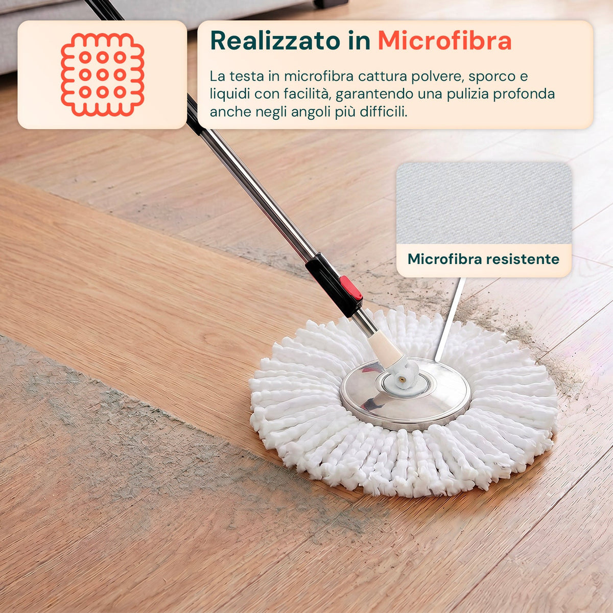 Kit Mocio Rotante 360° con Secchio 14L - 46x27x22cm e Centrifuga in Acciaio – Include 2 Testine in Microfibra, Dosatore Sapone e Asta Telescopica – Set Lavapavimenti Universale con Ruote e Scarico