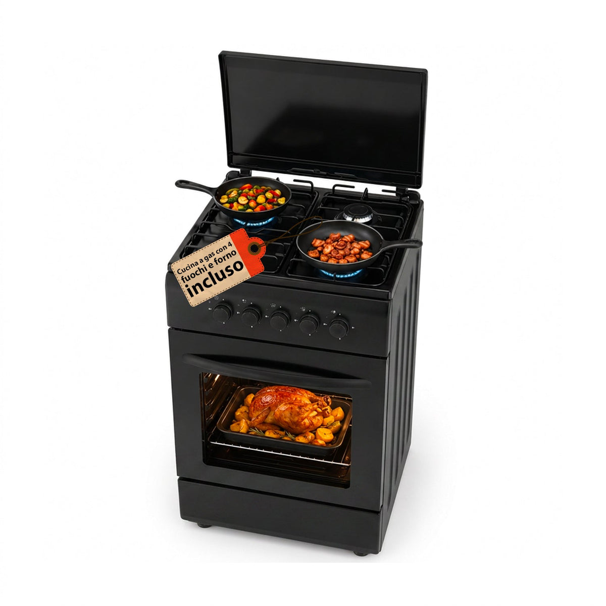 Cucina a Gas 50x50 cm con Forno a Gas 49 Litri, 4 Fuochi di Diversa Potenza, Valvole di Sicurezza e Coperchio