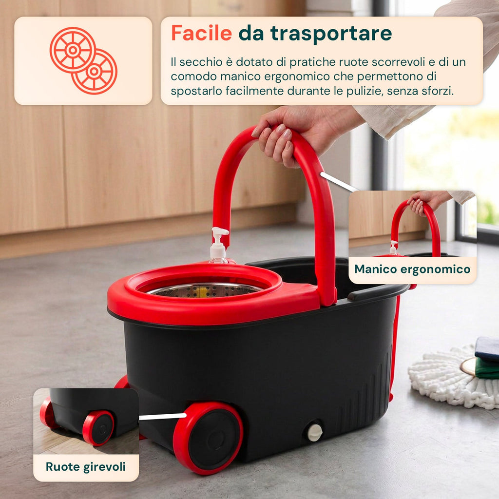 Kit Mocio Rotante 360° con Secchio 14L - 46x27x22cm e Centrifuga in Acciaio – Include 2 Testine in Microfibra, Dosatore Sapone e Asta Telescopica – Set Lavapavimenti Universale con Ruote e Scarico