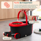 Kit Mocio Rotante 360° con Secchio 14L - 46x27x22cm e Centrifuga in Acciaio – Include 2 Testine in Microfibra, Dosatore Sapone e Asta Telescopica – Set Lavapavimenti Universale con Ruote e Scarico