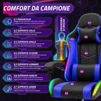 Sedia Gaming Ergonomica con Luci RGB e Cuscino Lombare Massaggiante, Poltrona Ufficio Reclinabile con Telecomando