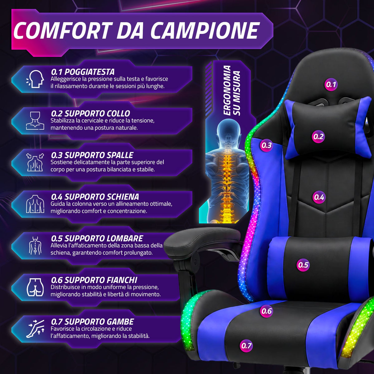 Sedia Gaming Ergonomica con Luci RGB e Cuscino Lombare Massaggiante, Poltrona Ufficio Reclinabile con Telecomando