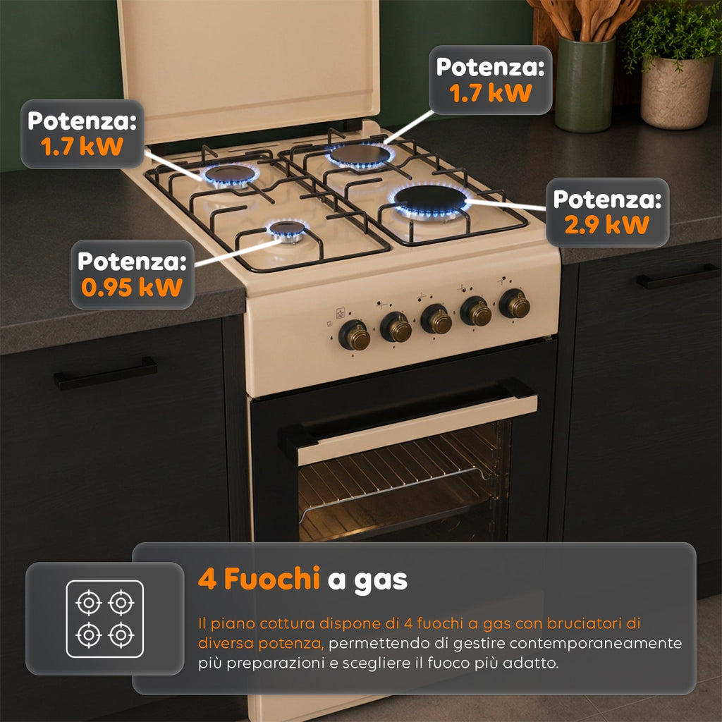 Cucina a Gas 50x50 cm con Forno a Gas 49 Litri, 4 Fuochi di Diversa Potenza, Valvole di Sicurezza e Coperchio