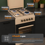 Cucina a Gas 50x50 cm con Forno a Gas 49 Litri, 4 Fuochi di Diversa Potenza, Valvole di Sicurezza e Coperchio