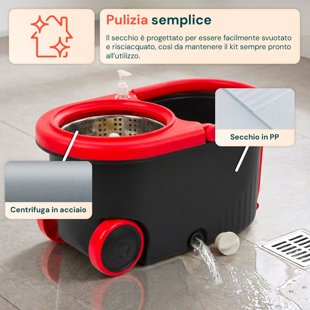 Kit Mocio Rotante 360° con Secchio 14L - 46x27x22cm e Centrifuga in Acciaio – Include 2 Testine in Microfibra, Dosatore Sapone e Asta Telescopica – Set Lavapavimenti Universale con Ruote e Scarico