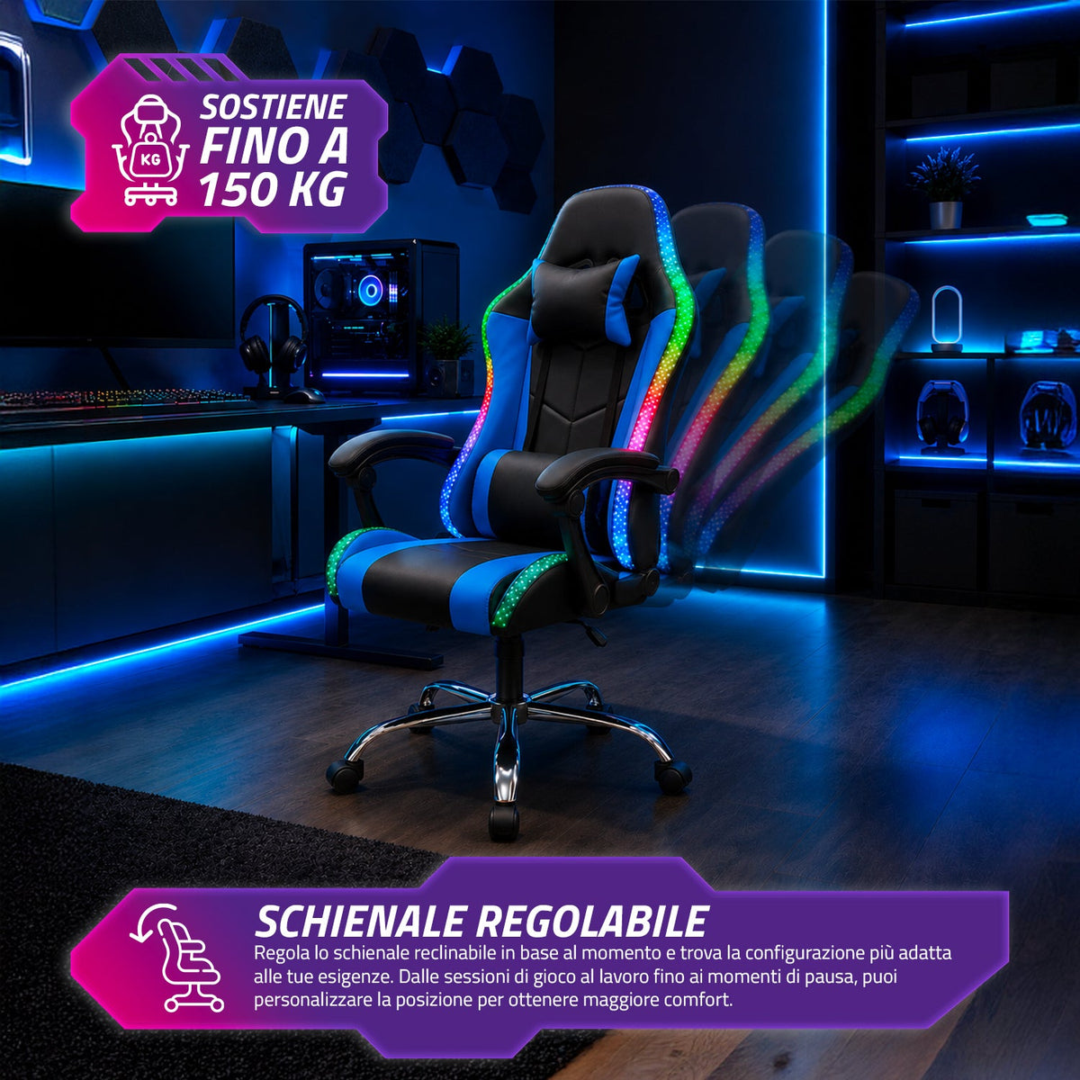Sedia Gaming Ergonomica con Luci RGB e Cuscino Lombare Massaggiante, Poltrona Ufficio Reclinabile con Telecomando