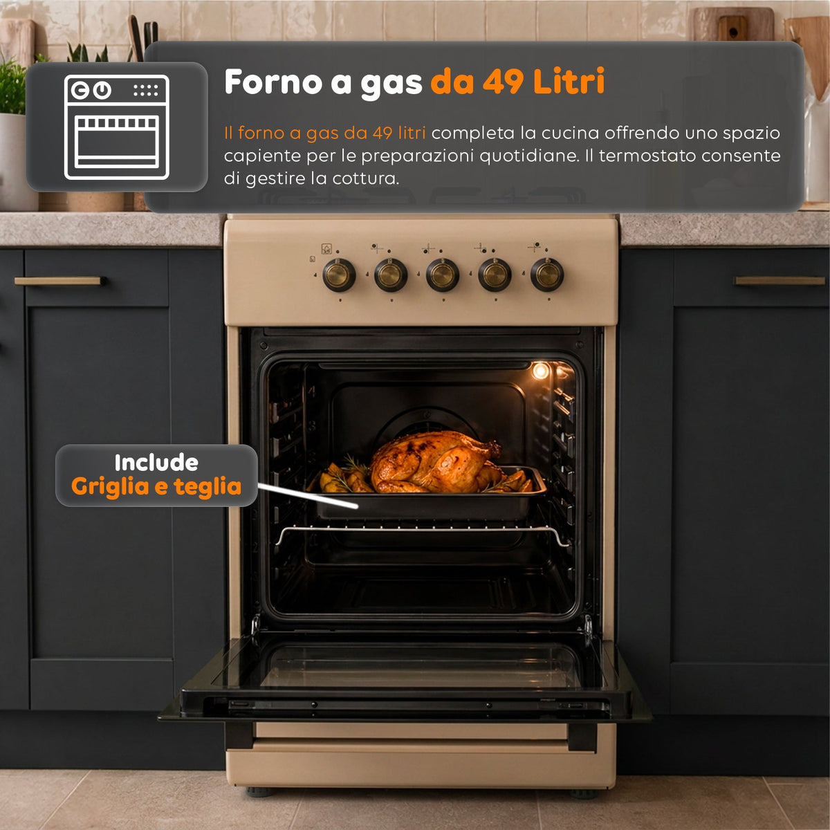 Cucina a Gas 50x50 cm con Forno a Gas 49 Litri, 4 Fuochi di Diversa Potenza, Valvole di Sicurezza e Coperchio