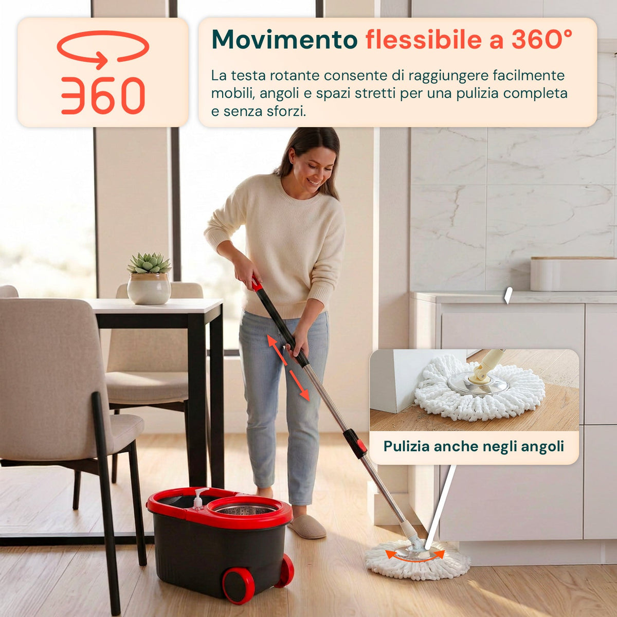 Kit Mocio Rotante 360° con Secchio 14L - 46x27x22cm e Centrifuga in Acciaio – Include 2 Testine in Microfibra, Dosatore Sapone e Asta Telescopica – Set Lavapavimenti Universale con Ruote e Scarico