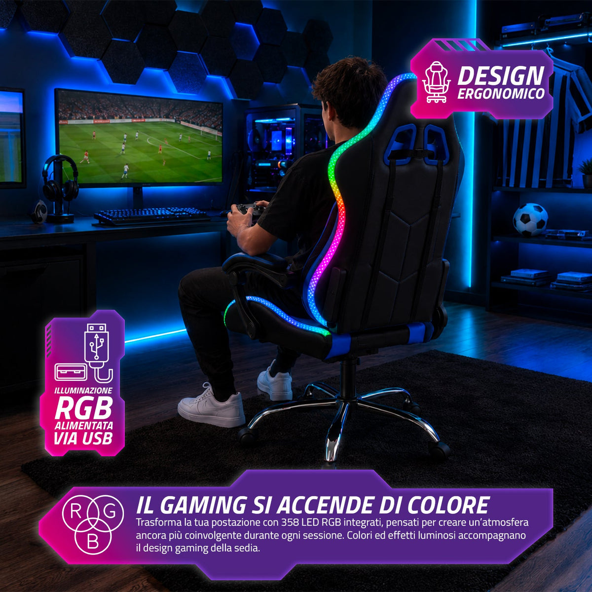 Sedia Gaming Ergonomica con Luci RGB e Cuscino Lombare Massaggiante, Poltrona Ufficio Reclinabile con Telecomando