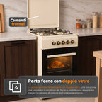 Cucina a Gas 50x50 cm con Forno a Gas 49 Litri, 4 Fuochi di Diversa Potenza, Valvole di Sicurezza e Coperchio