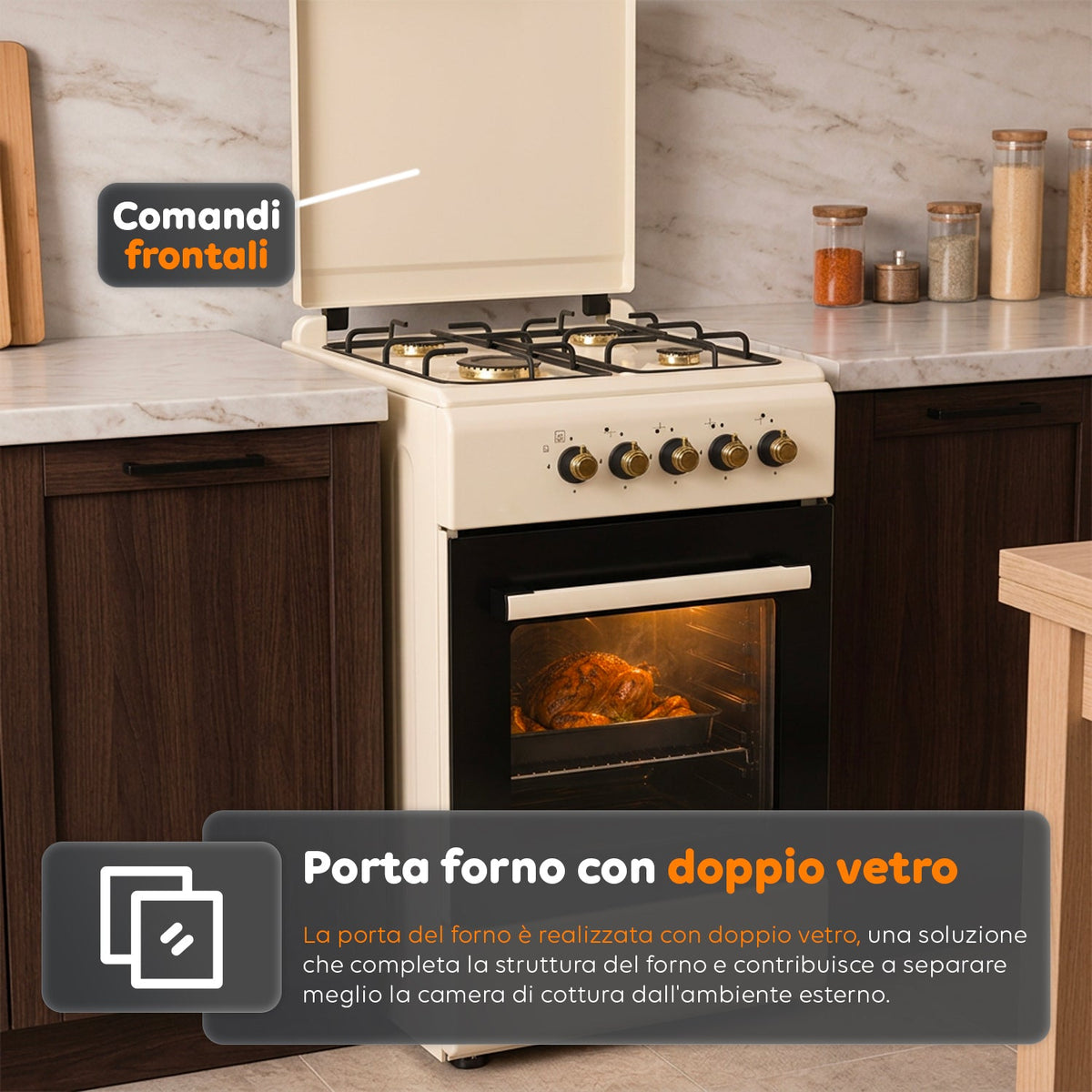 Cucina a Gas 50x50 cm con Forno a Gas 49 Litri, 4 Fuochi di Diversa Potenza, Valvole di Sicurezza e Coperchio
