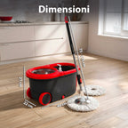 Kit Mocio Rotante 360° con Secchio 14L - 46x27x22cm e Centrifuga in Acciaio – Include 2 Testine in Microfibra, Dosatore Sapone e Asta Telescopica – Set Lavapavimenti Universale con Ruote e Scarico