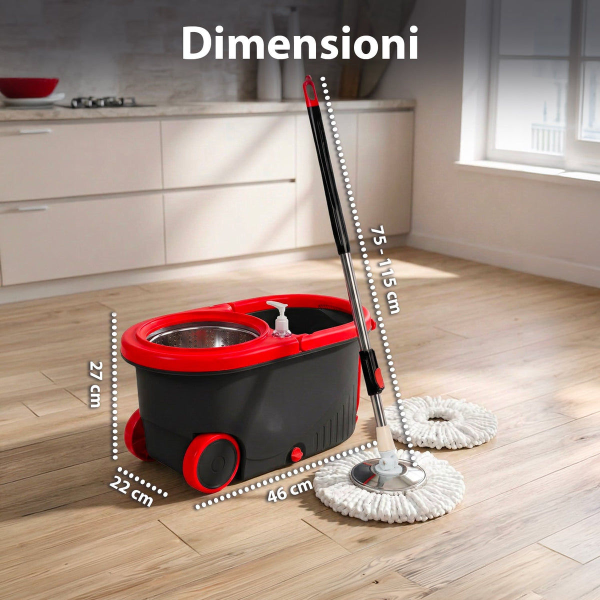 Kit Mocio Rotante 360° con Secchio 14L - 46x27x22cm e Centrifuga in Acciaio – Include 2 Testine in Microfibra, Dosatore Sapone e Asta Telescopica – Set Lavapavimenti Universale con Ruote e Scarico
