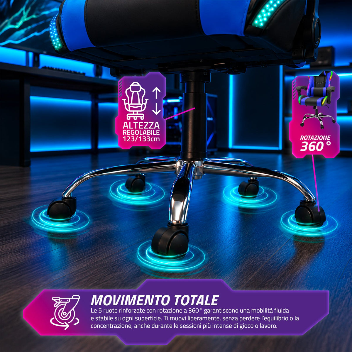 Sedia Gaming Ergonomica con Luci RGB e Cuscino Lombare Massaggiante, Poltrona Ufficio Reclinabile con Telecomando
