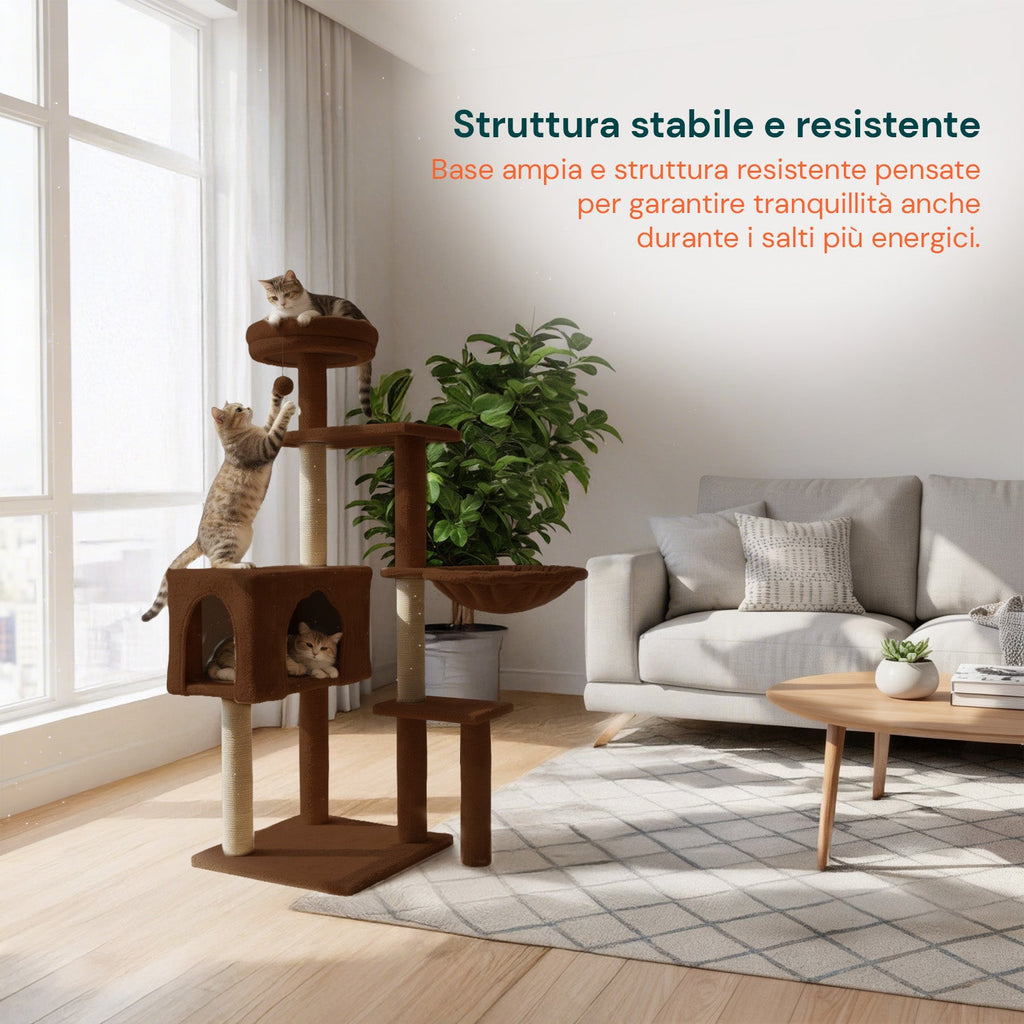 Tiragraffi per gatti 120 cm con cuccia e amaca multilivello
