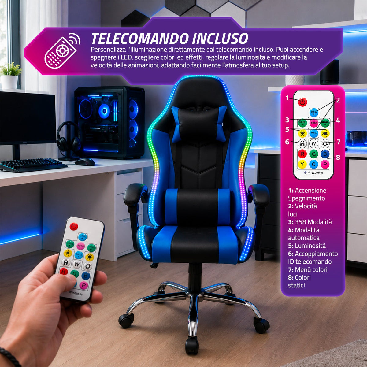 Sedia Gaming Ergonomica con Luci RGB e Cuscino Lombare Massaggiante, Poltrona Ufficio Reclinabile con Telecomando