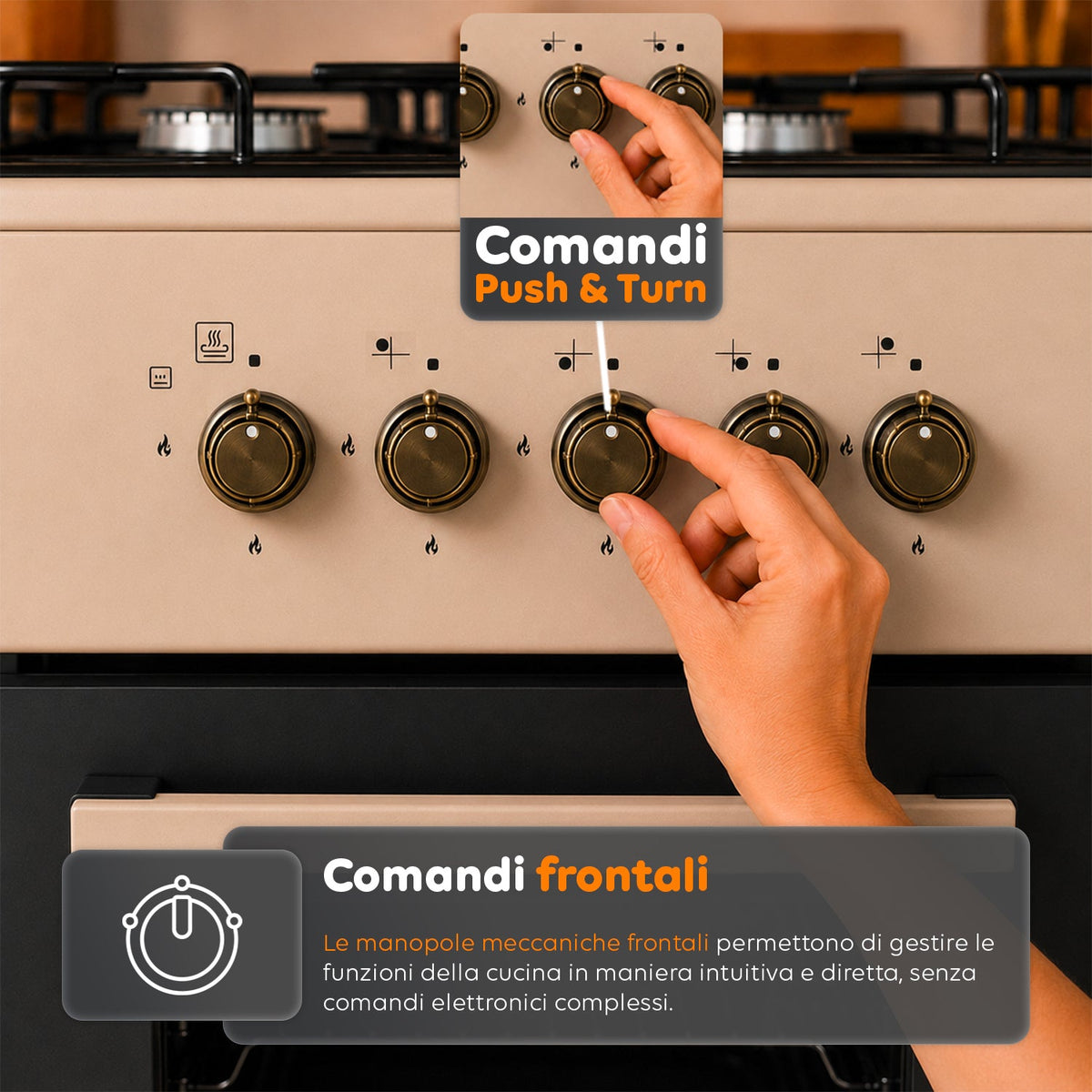 Cucina a Gas 50x50 cm con Forno a Gas 49 Litri, 4 Fuochi di Diversa Potenza, Valvole di Sicurezza e Coperchio
