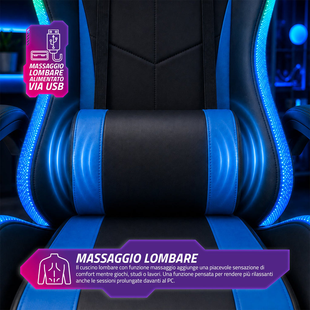 Sedia Gaming Ergonomica con Luci RGB e Cuscino Lombare Massaggiante, Poltrona Ufficio Reclinabile con Telecomando