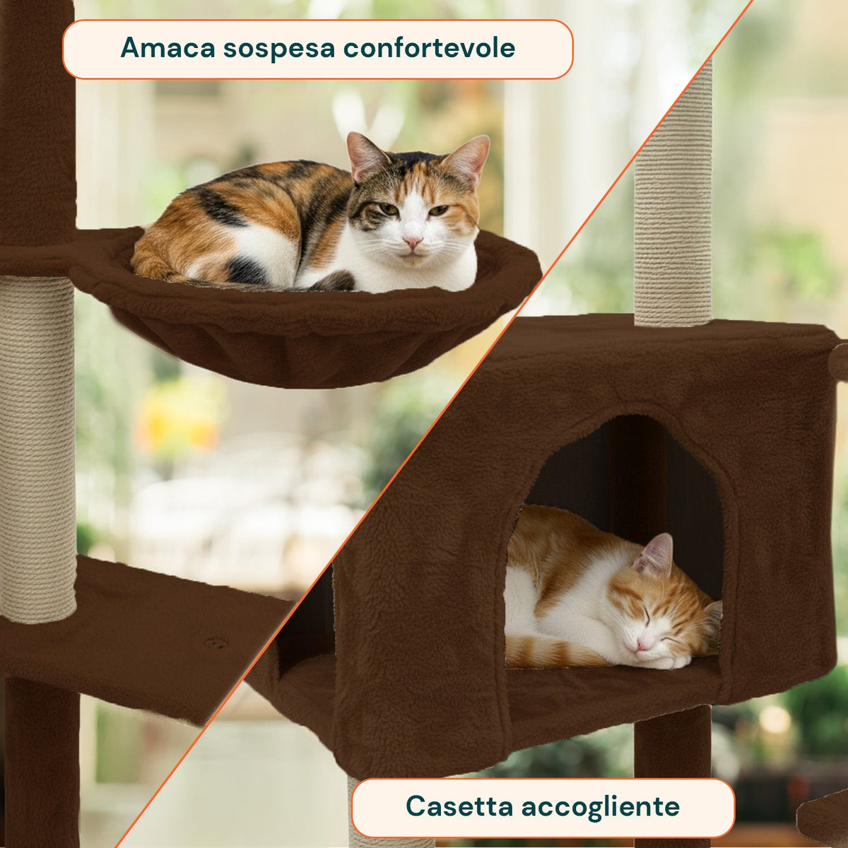 Tiragraffi per gatti 120 cm con cuccia e amaca multilivello