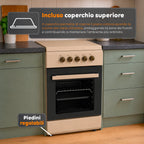 Cucina a Gas 50x50 cm con Forno a Gas 49 Litri, 4 Fuochi di Diversa Potenza, Valvole di Sicurezza e Coperchio
