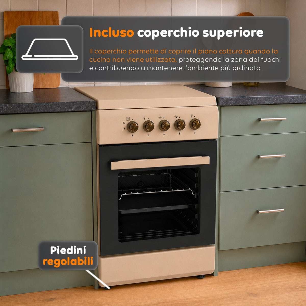 Cucina a Gas 50x50 cm con Forno a Gas 49 Litri, 4 Fuochi di Diversa Potenza, Valvole di Sicurezza e Coperchio