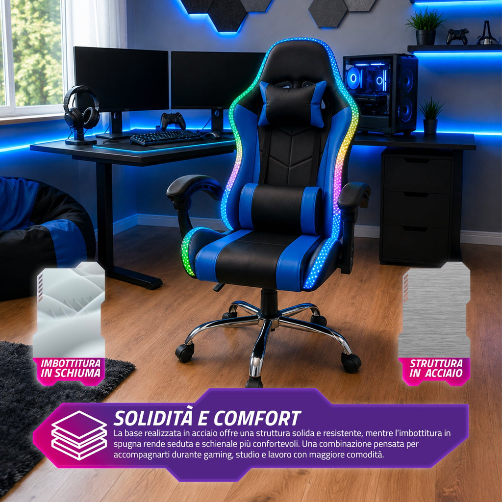Sedia Gaming Ergonomica con Luci RGB e Cuscino Lombare Massaggiante, Poltrona Ufficio Reclinabile con Telecomando
