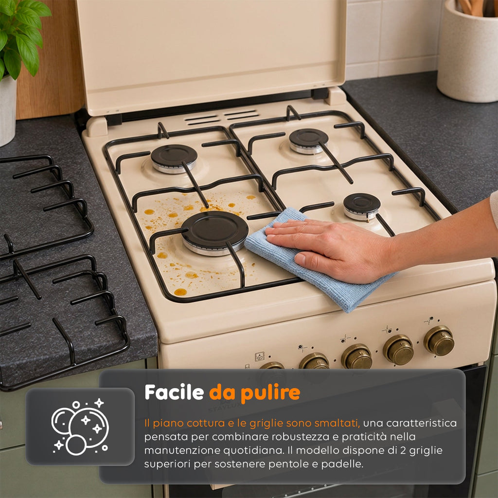 Cucina a Gas 50x50 cm con Forno a Gas 49 Litri, 4 Fuochi di Diversa Potenza, Valvole di Sicurezza e Coperchio