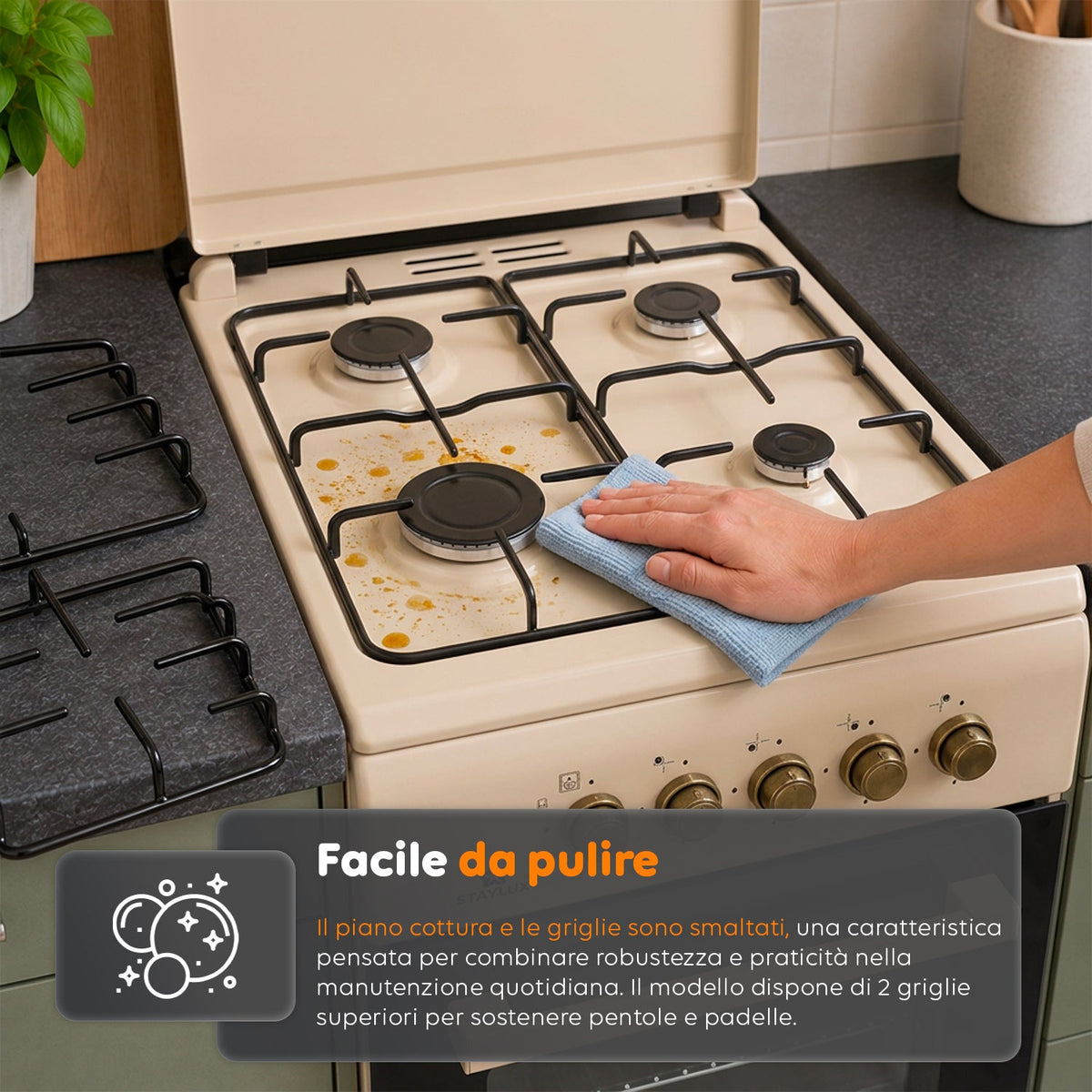 Cucina a Gas 50x50 cm con Forno a Gas 49 Litri, 4 Fuochi di Diversa Potenza, Valvole di Sicurezza e Coperchio