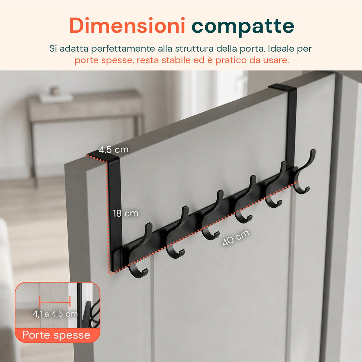 Appendiabiti da Porta in Alluminio con 12 Ganci, Portata 10kg – Adatto per Porte con Spessore da 4,1-4,5 cm