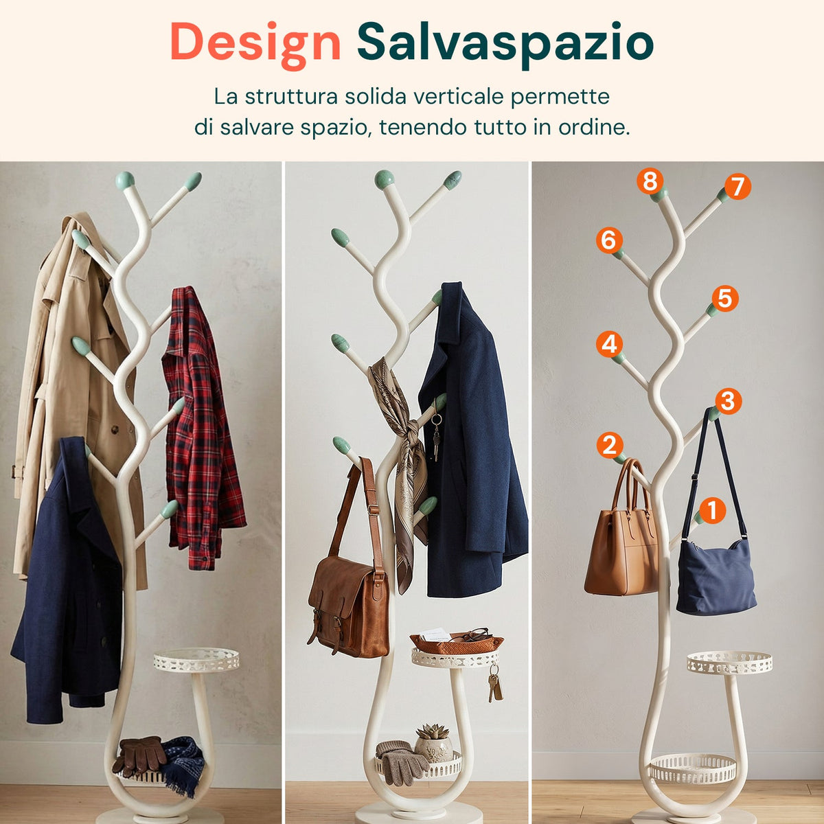 Appendiabiti Moderno in Metallo Bianco con 2 Vassoi Circolari Ø24 cm – Struttura Robusta e Salvaspazio - H 166,5 cm
