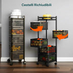 Carrello Multiuso Richiudibile Quadrato Salvaspazio con Ruote - Organizer con Cestelli (3/4/5 Ripiani) Nero o Bianco