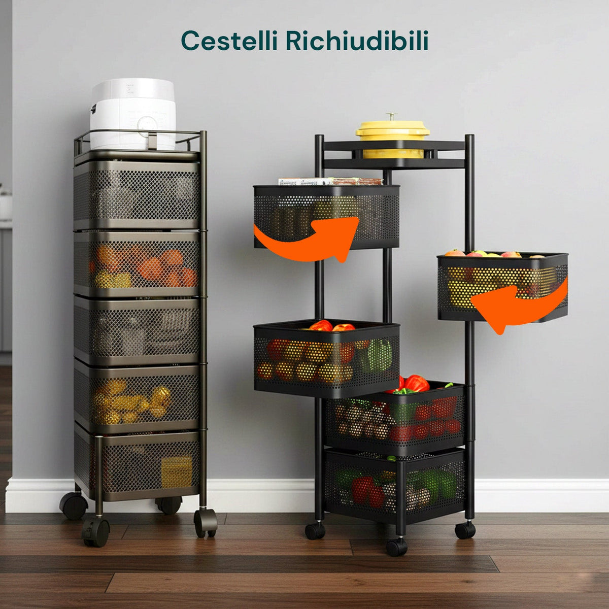 Carrello Multiuso Richiudibile Quadrato Salvaspazio con Ruote - Organizer con Cestelli (3/4/5 Ripiani) Nero o Bianco