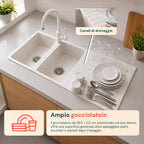 Lavello cucina a due vasche con o senza gocciolatoio, bianco o nero, rubinetto incluso